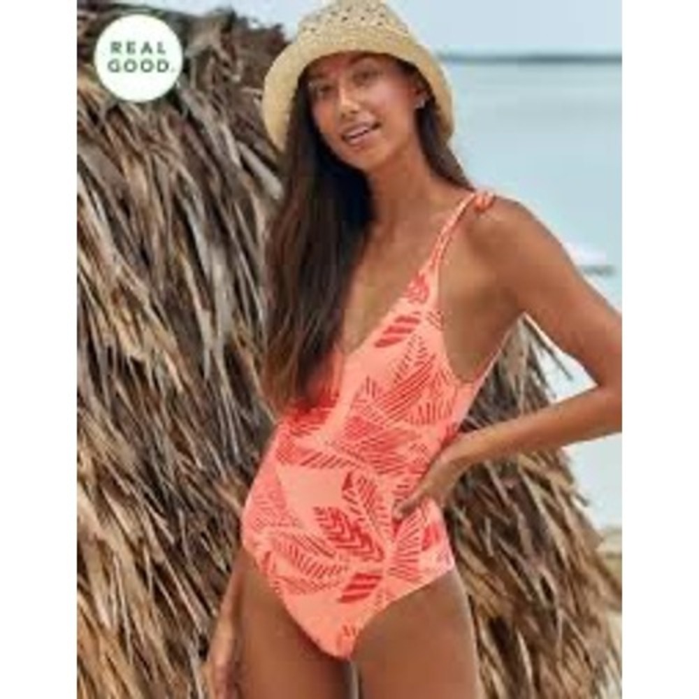 Aerie Women Coral Red Tropical Leaf Full Coverage One Piece Swimsuit XS 2454-869
